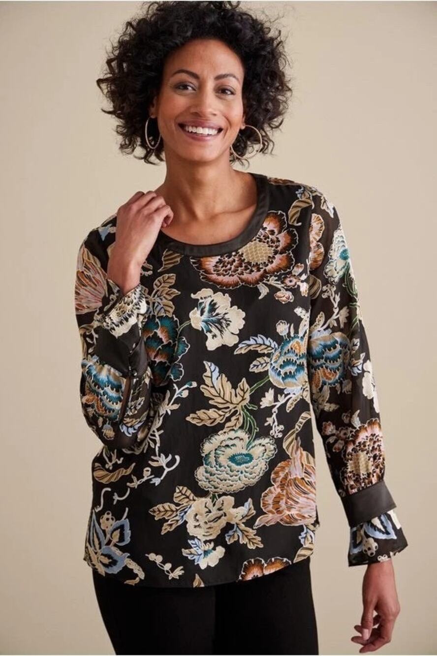 Soft Surroundings Deanna Floral Print Blouse Top Black Multi Women's Size